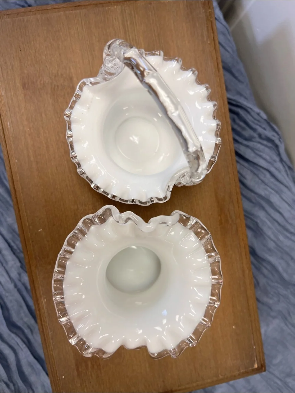 Vintage White Milk Glass Basket and White Milk Glass Ruffled Dish (set 2)